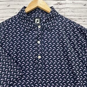 FootJoy Polo Shirt Mens Sz. Medium Blue Pink Dolphin All Over Print Stretch Logo